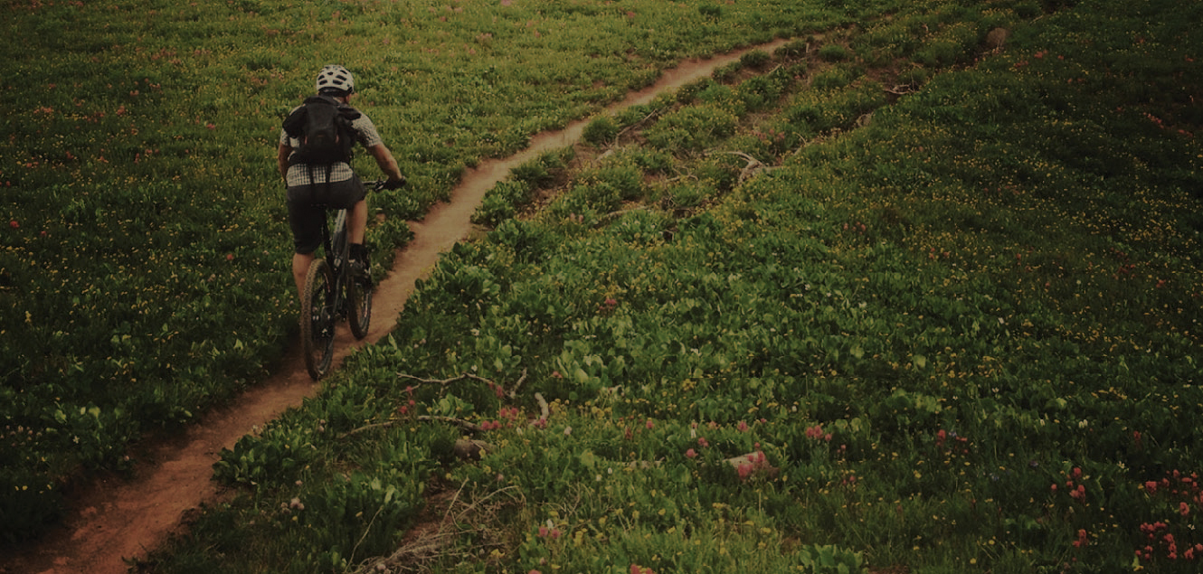 image of a man riding a mountain bike down a narrow path